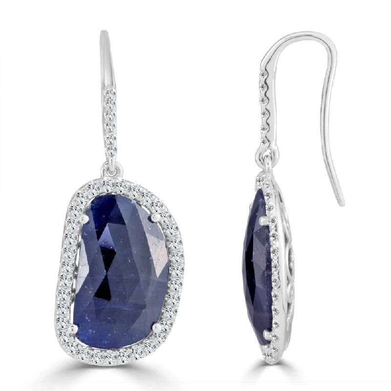 Auriya Fancy Shaped 15ct Blue Sapphire and 1 1/5ctw Halo Diamond Drop Earrings 14k White Gold