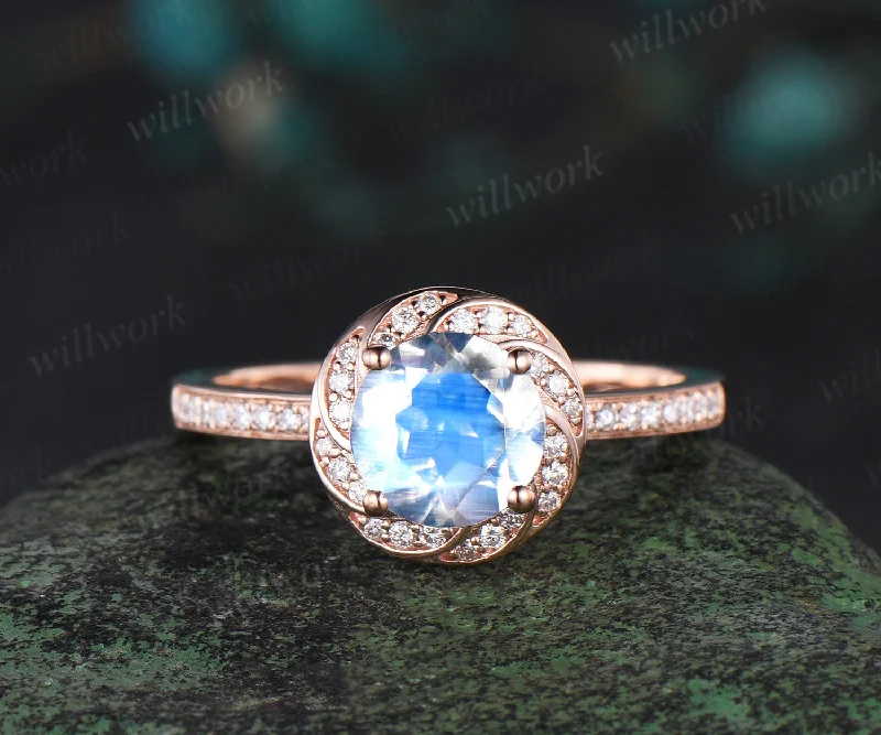 Vintage round cut moonstone engagement ring rose gold half eternity halo floral diamond wedding ring women jewelry