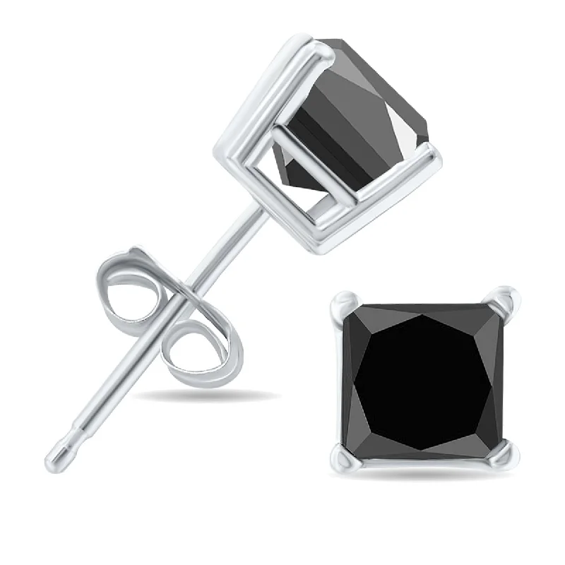 Marquee 1 1/2 Carat TW Black Diamond Princess Cut Solitaire Stud Earrings in 10K White Gold