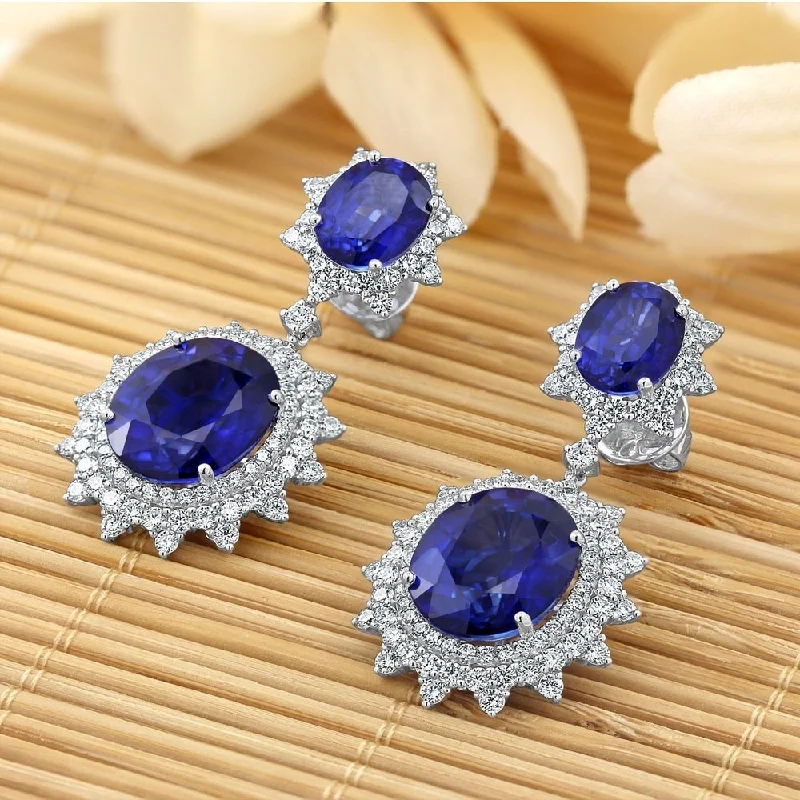 Auriya Vintage 28 1/2ct Royal Blue Sapphire and 3 9/10ctw Halo Diamond Dangle Earrings 18K Gold