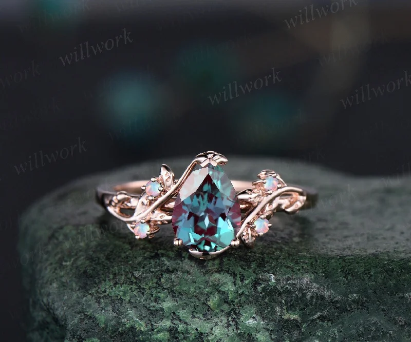 Pear shaped alexandrite engagement ring solid 14k rose gold leaf branch five stone opal ring women unique wedding anniversary ring gift