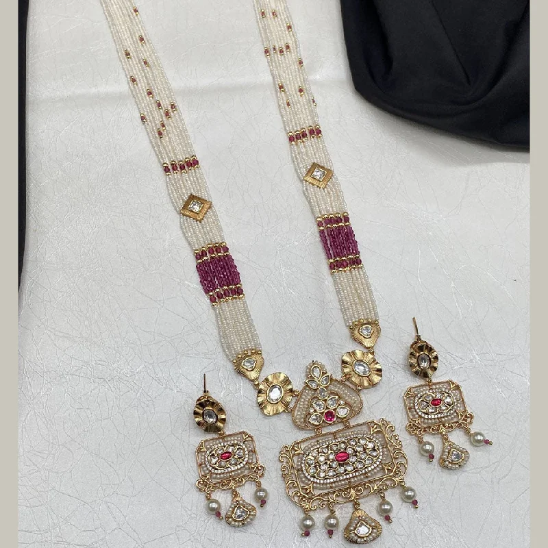 Amoliya Jewels Gold Plated Polki Kundan Stone And Pearls Long Necklace Set