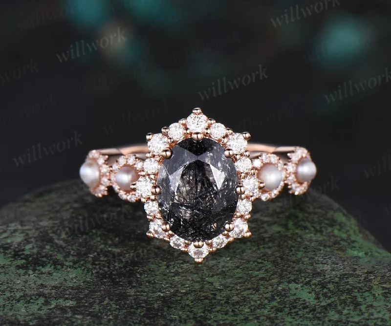 Vintage unique oval black rutilated quartz engagement ring rose gold Akoya Pearl halo moissanite ring 8 prong bridal wedding ring for women