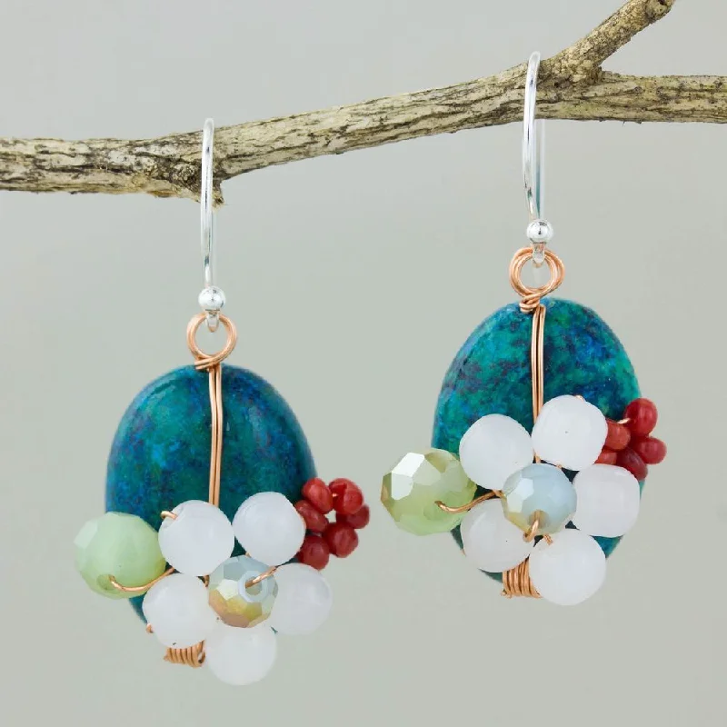 Handmade Sterling Silver 'Garden Bliss in Teal' Quartz Serpentine Earrings (Thailand)