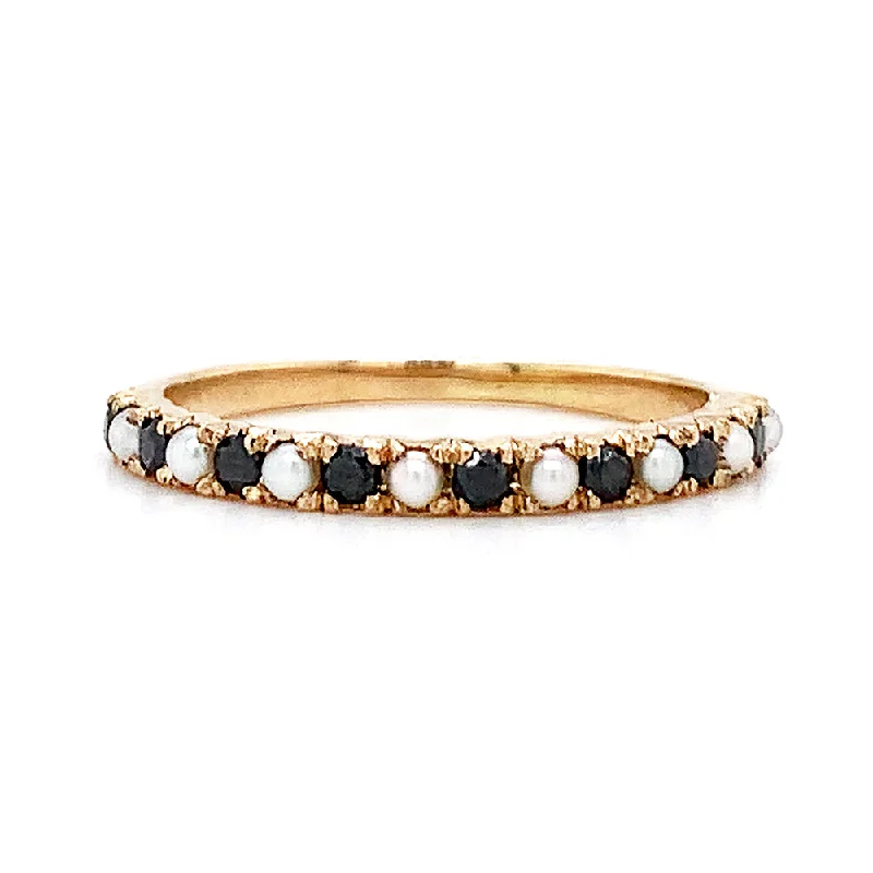 Pearl & Black Diamond Yellow Gold Band - "Black & White"