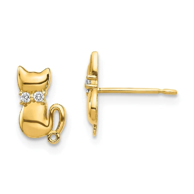 14k Yellow Gold Sitting Cat CZ Bowtie Stud Earrings (L-7.8 mm, W-5.7 mm)