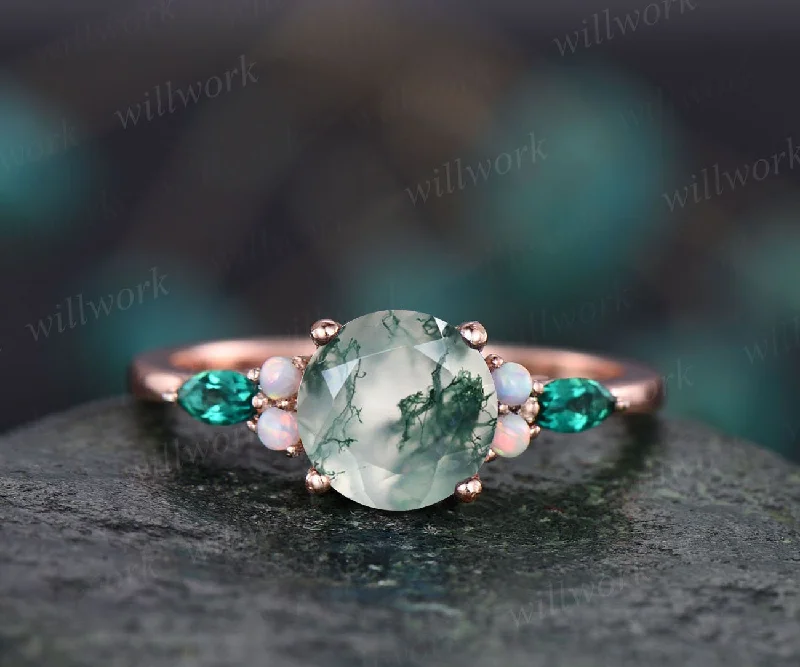 Vintage moss agate engagement ring unique opal ring marquise emerald ring rose gold ring women jewelry birthday gift bridal anniversary ring