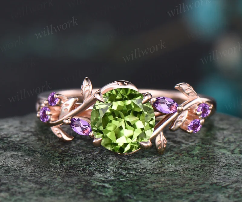 READY TO SHIP: Round Natural Peridot Engagement Ring - 10K Rose Gold - Ring Size:8.5 US