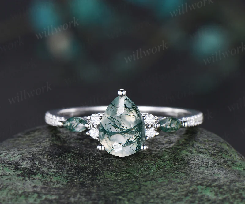 Pear shaped natural moss agate engagement ring women vintage solid 14k white gold half eternity diamond wedding anniversary gift