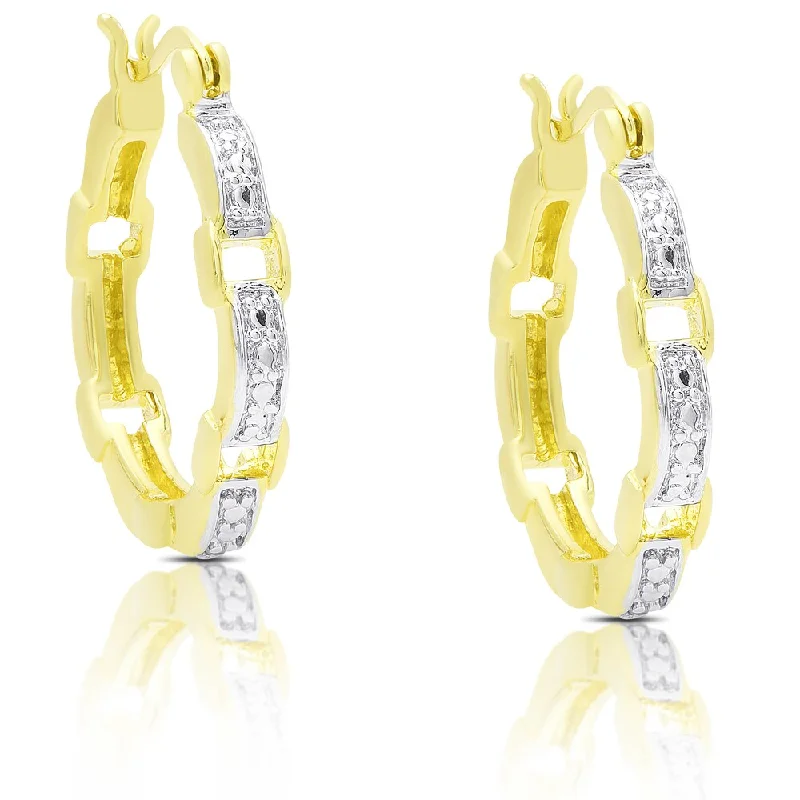 Finesque Gold Over Silver Diamond Accent Square Link Hoop Earrings