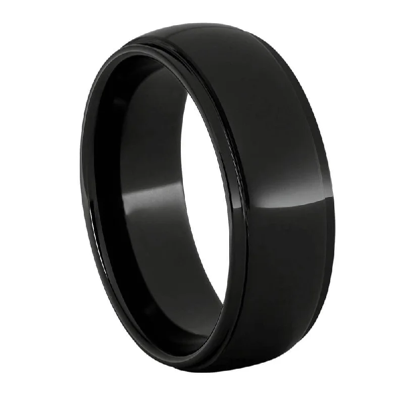 Domed Black Ceramic Ring with Grooved Edges