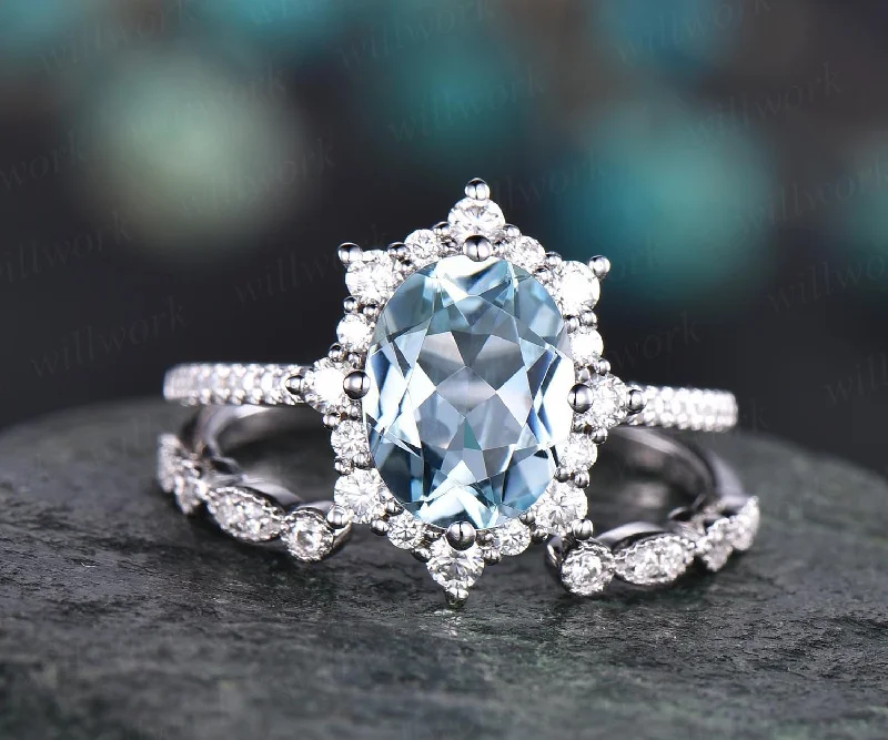 Cluster moissanite halo ring 2pc aquamarine engagement ring set white rose gold aquamarine ring vintage open gap diamond wedding ring band