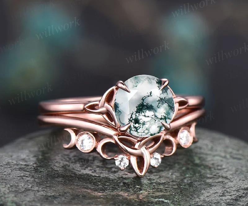 Round cut moss agate ring vintage moss agate engagement ring set 14k rose gold silver solitaire moissanite ring women norse viking Jewelry