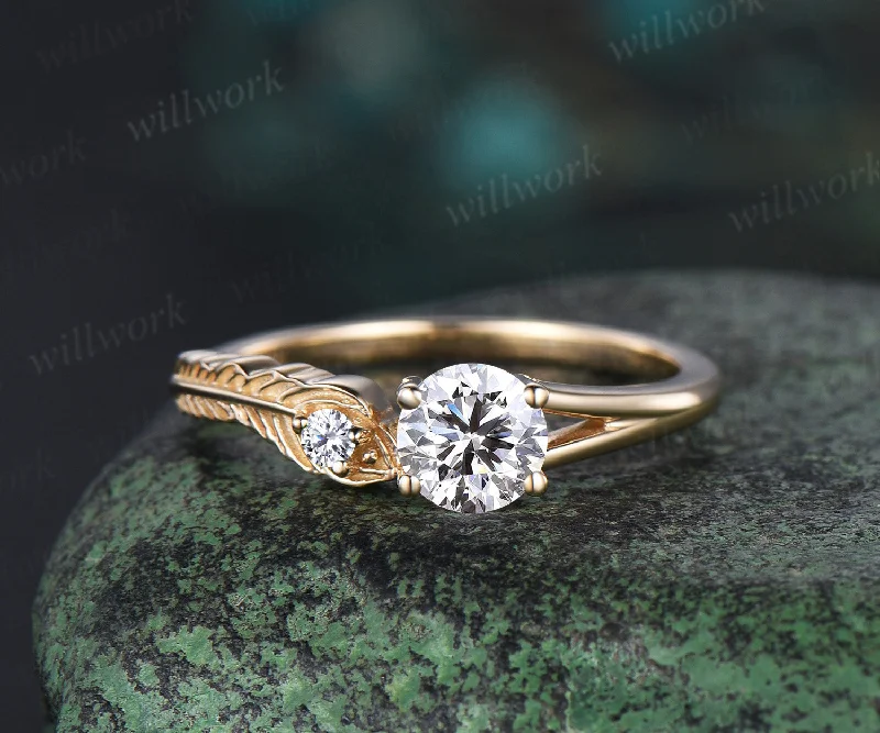 Vintage round cut Lab grown diamond Engagement Ring solid 14k yellow gold Peacock Feather two stone wedding promise ring women gift