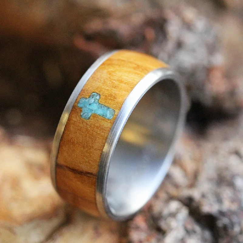 Turquoise Ring with Cross, Wood Wedding Band in Titanium