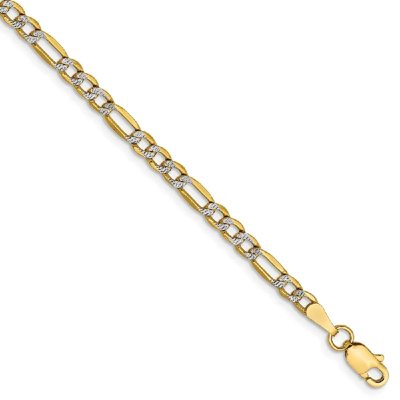 3.25mm 14k Yellow Gold & Rhodium Hollow Pave Figaro Chain Bracelet