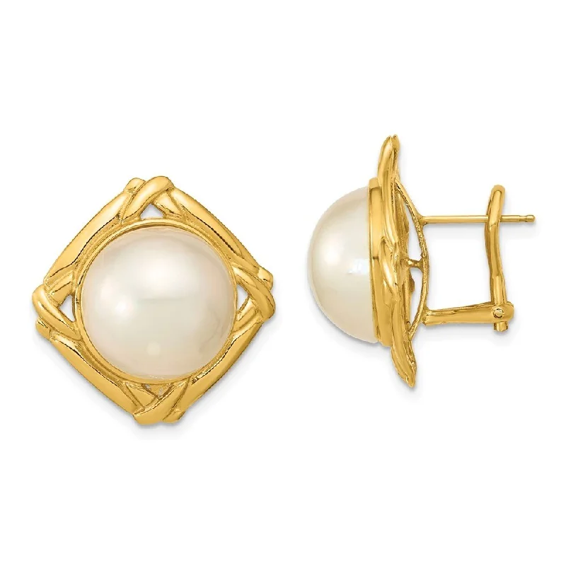 14k Yellow Gold White Mabe Freshwater Cultured Pearl Omega Back Earrings (L-13 mm, W-14 mm)