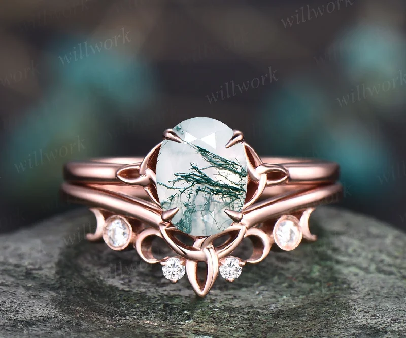 Vintage moss agate ring set Solitaire oval moss agate engagement ring set rose gold silver moissanite ring women Norse Viking ring Jewelry