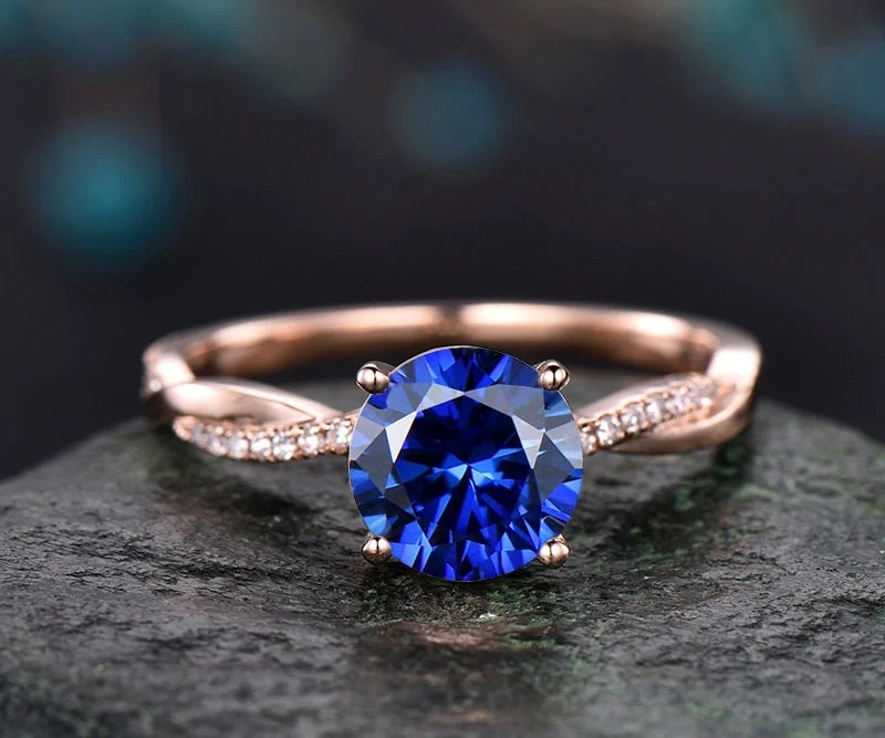 7mm round blue sapphire engagement ring solid 14k rose gold twisted real dianond ring September birthstone ring bridal wedding promise ring