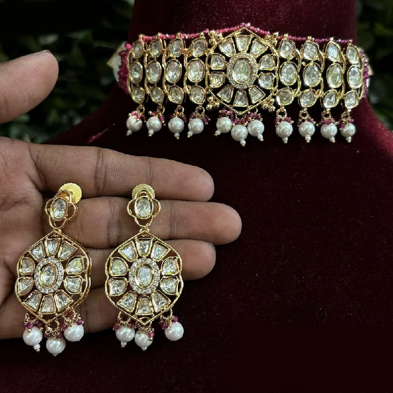 Royal Kundan Jewellery Gold Plated Polki Kundan And Pearls Choker Necklace Set