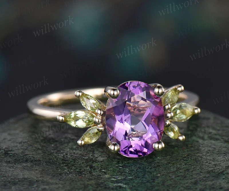 2ct oval purple amethyst ring vintage marquise peridot ring yellow gold unique engagement ring women gemstone wing ring promise ring her