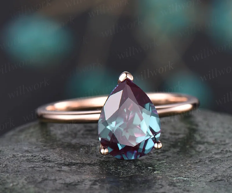 7x9mm pear Alexandrite solitaire ring solid rose gold ring Alexandrite engagement ring anniversary birthday gift wedding bridal ring jewelry