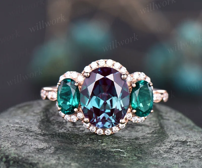 Oval cut Alexandrite engagement ring rose gold art deco vintage unique engagement ring holo moissanite wedding ring for women fine jewelry