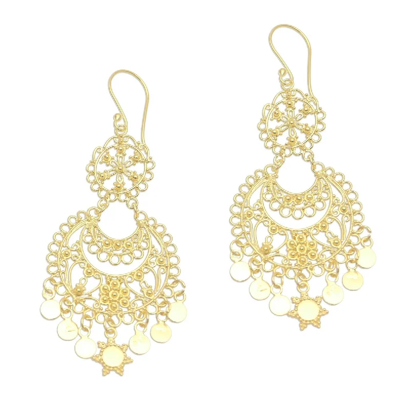 NOVICA Bali Glamour, Gold plated sterling silver chandelier earrings - 3L*1.1W