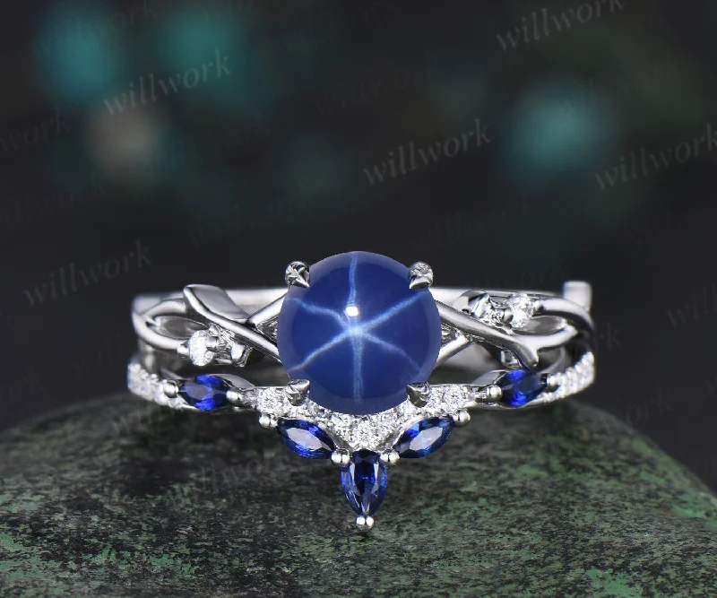 7mm Round Star Sapphire Engagement Ring Set Nature Inspired Branch Twig blue sapphire Wedding Set Unique Leaf anniversary promise ring