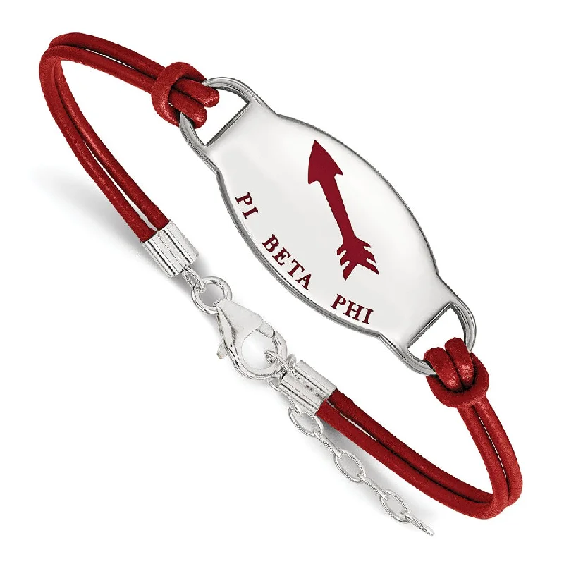 Sterling Silver Pi Beta Phi Enamel Red Leather Bracelet - 7 in.