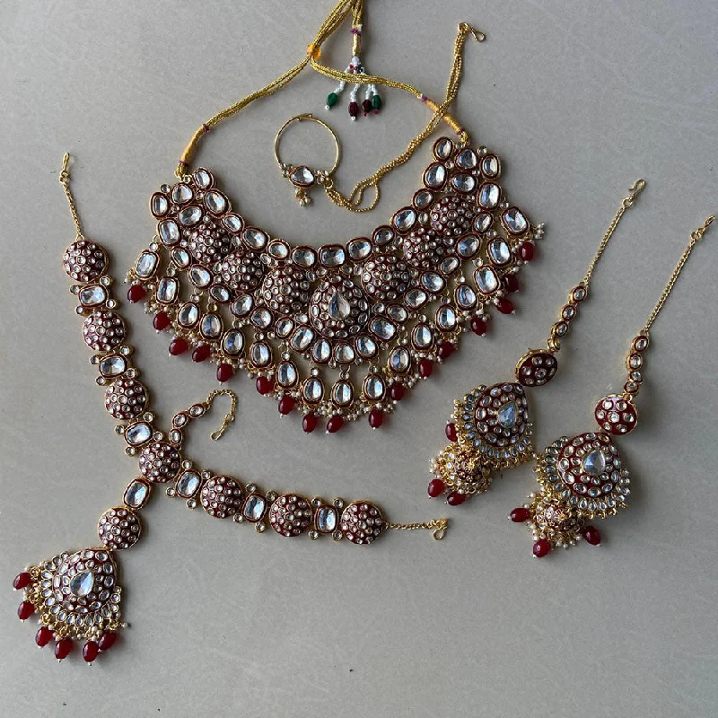 India Art Gold Plated Kundan Stone And Beads Semi Bridal Necklace set