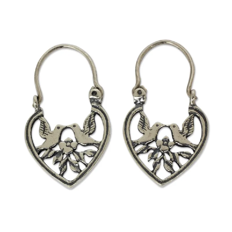 Handmade Sterling Silver Hoop Earrings, 'Lovebirds' (Mexico) - 1.2L*0.7W