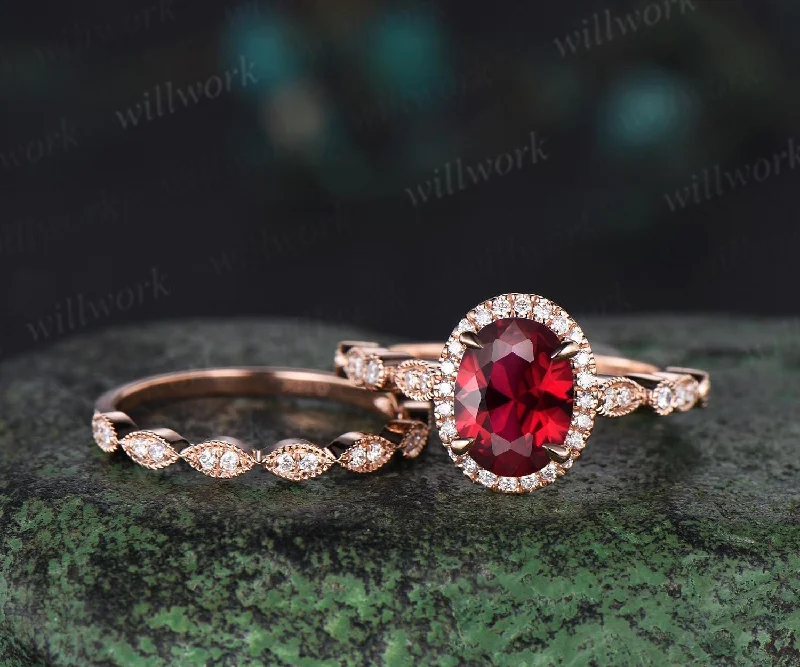 Vintage oval cut red ruby engagement ring solid 14k rose gold half eternity marquise milgrain halo diamond anniversary ring women gift