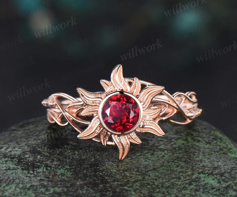 Rapunzel Ring Sun red ruby Engagement Ring Tangled Sunflower Ring bezel 14k rose Gold Wedding Ring Birthday Gift For Her