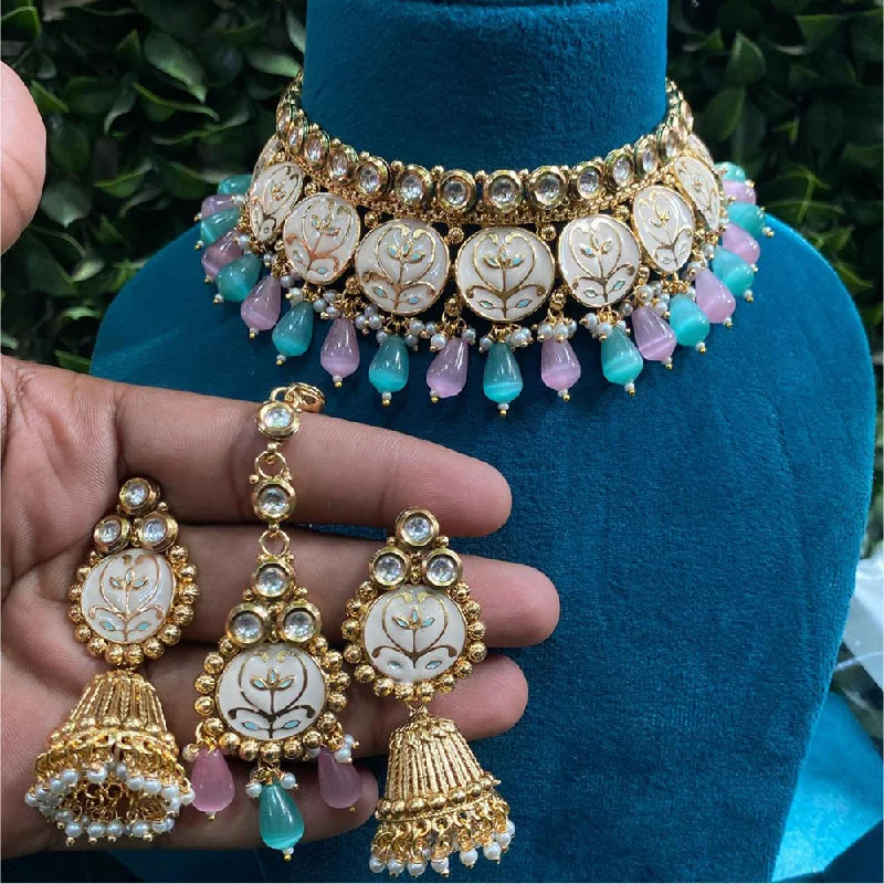 Royal Kundan Jewellery Gold Plated Crystal Stone And Beads Choker Necklace Set