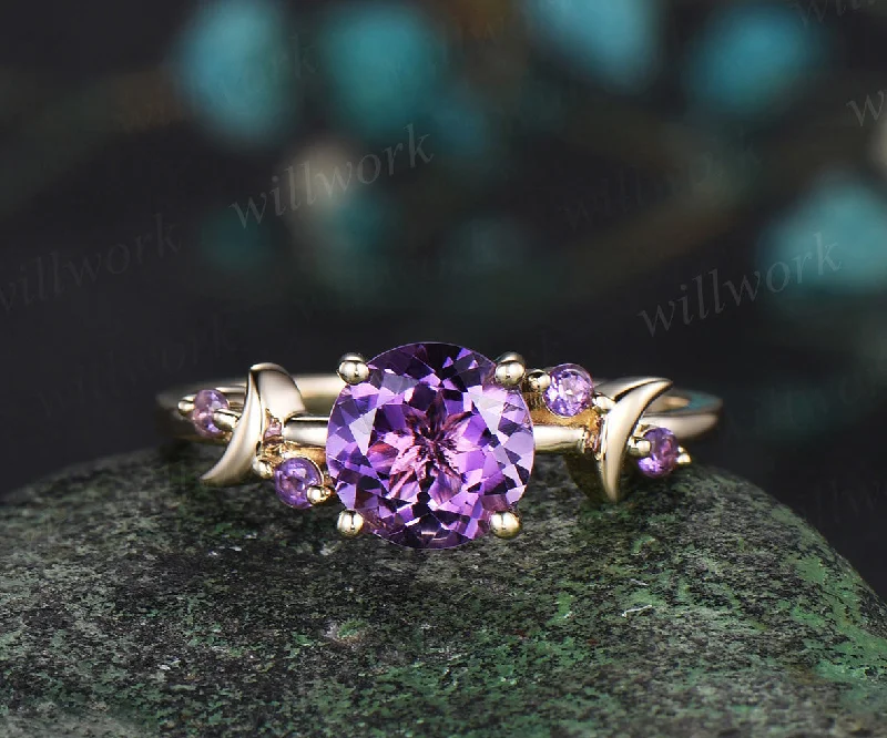 Round cut purple amethyst engagement ring solid 14k yellow gold five stone moon Crystal February birthstone ring women