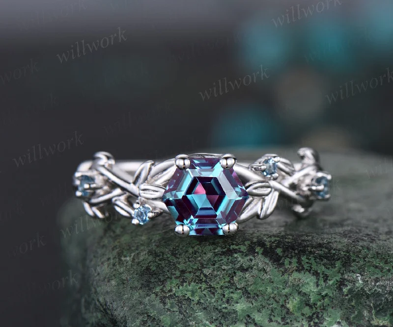 Leaf five stone hexagon Alexandrite engagement ring women white gold art deco East to west color changing gemstone promise ring her