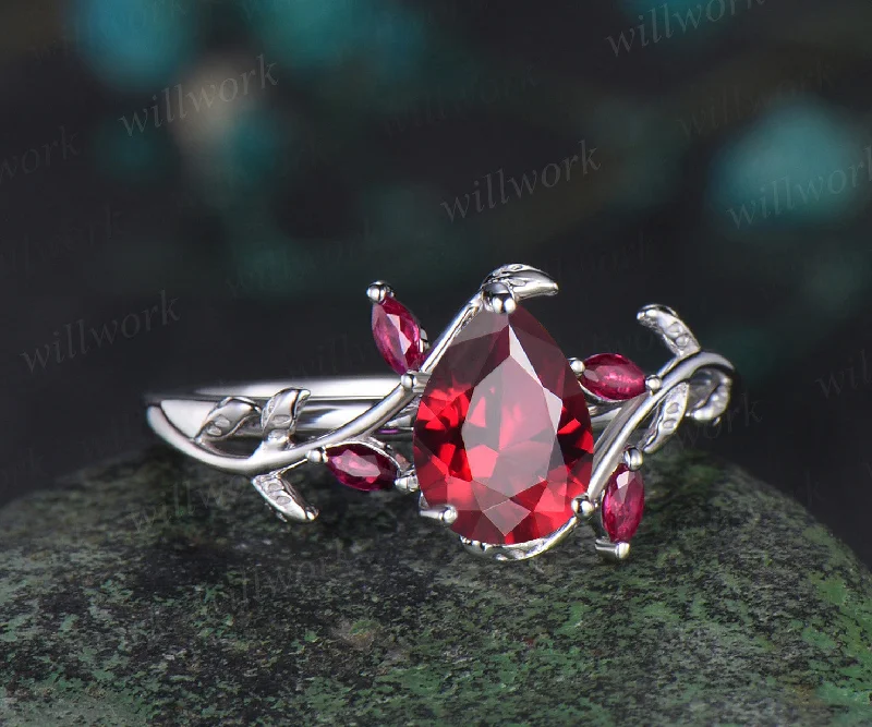 Pear shaped ruby engagement ring white gold leaf branch marquise ruby wedding anniversary ring women gift