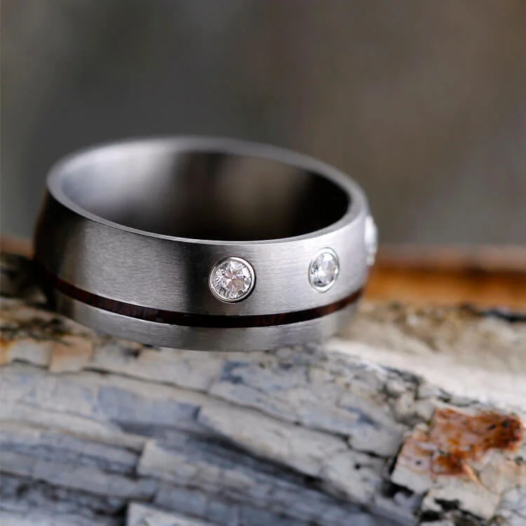 Ipe Wood Wedding Band with Diamonds, Brushed Titanium Ring