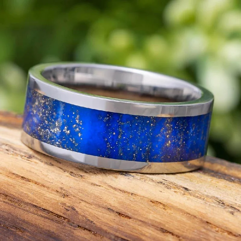 Platinum Wedding Band With Lapis Lazuli, Blue Ring for Groom