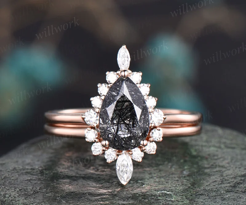 Pear black rutilated quartz engagement ring set vintage dainty halo marquise ring setting rose gold wedding prmoise bridal ring set women