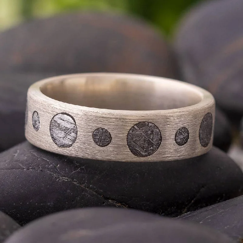 Brushed Silver Wedding Band with Meteorite Accents