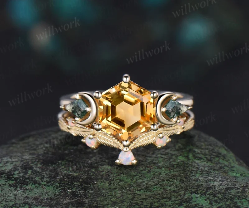 Hexagon cut citrine engagement ring yellow gold three stone moon kite moss agate ring women leaf opal wedding ring band Crystal Ring