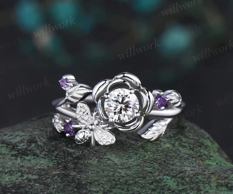 Vintage round cut Lab grown diamond engagement ring floral leaf bee amethyst wedding anniversary ring women