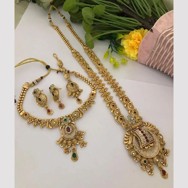 FS Collection Gold Plated Pota Stone And Meenakari Double Necklace Set