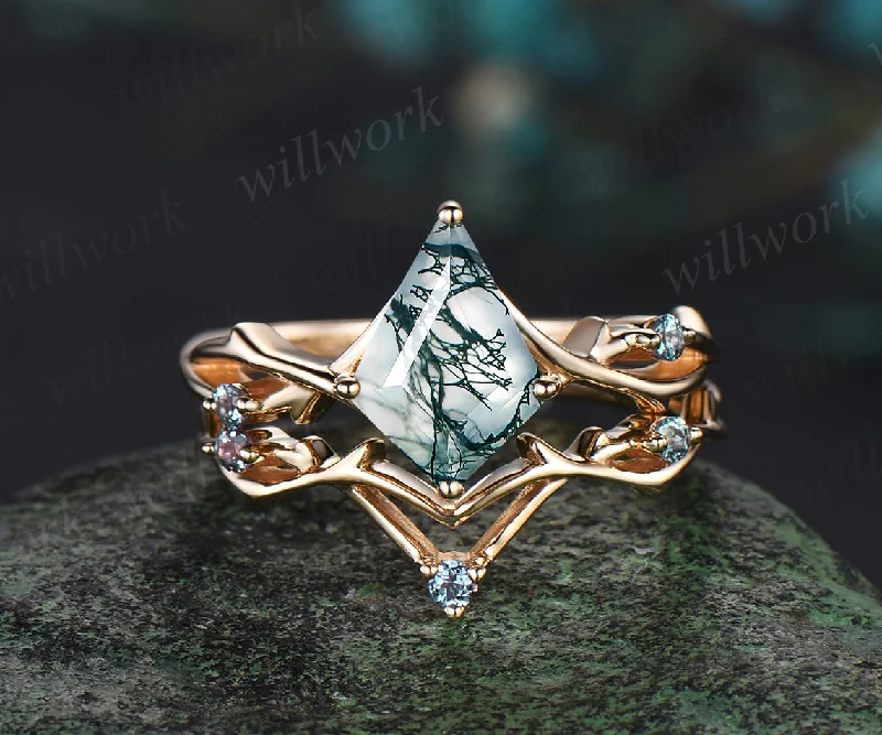 Unique Kite Moss Agate Engagement Ring Vintage Twig Alexandrite Ring Branch Ring yellow Gold Silver Ring Promise Bridal Set Green Agate Ring