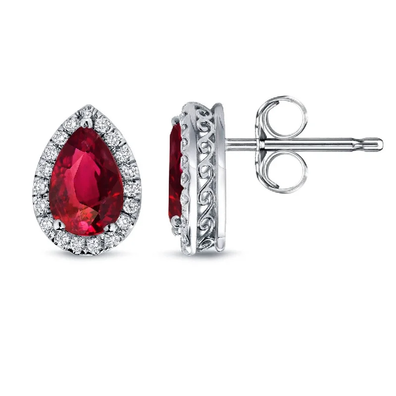 Auriya 14k Gold 2ct Pear-cut Red Ruby Halo Diamond Stud Earrings 1/3ct TDW