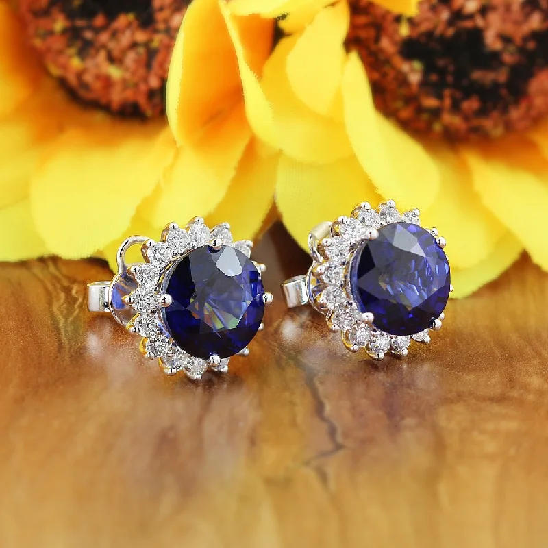 Auriya Unique 8 3/4ct Royal Blue Sapphire and 1 1/4ctw Halo Diamond Stud Earrings 18K Gold