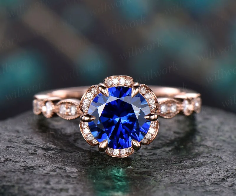 Blue sapphire ring vintage sapphire  engagement ring 14k rose gold for women diamond under halo ring marquise floral wedding ring jewelry