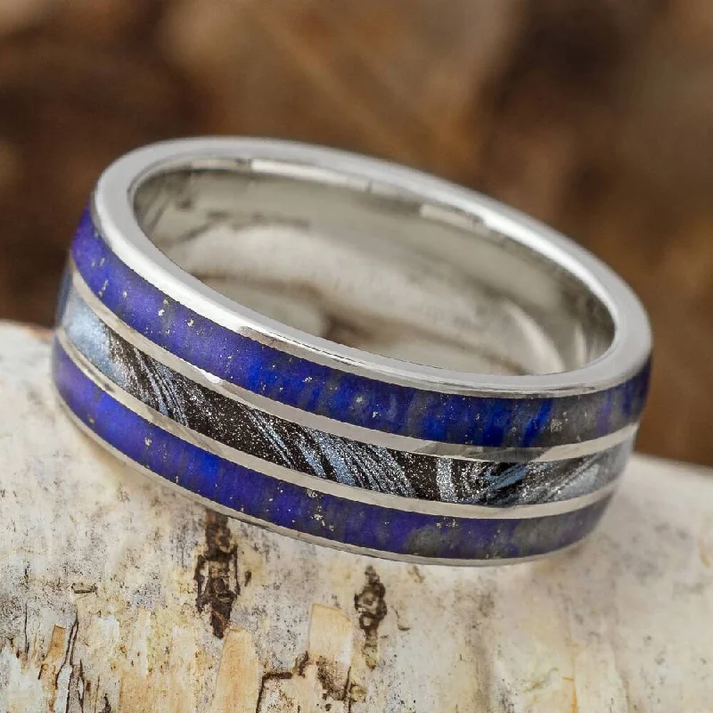 Titanium & Blue Lapis Lazuli Wedding Band with Mokume